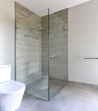 ATMOS™ - Frameless Shower Screen - Ensuite / Bathroom Hinged Glass Shower Door - Polished Concrete Floor Shower Base - Point Lonsdale - Supplied & Installed by - geelongsplashbacks.com.au