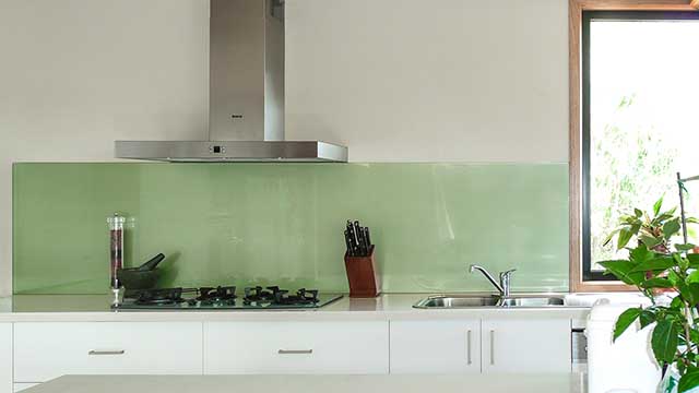 KOLOR&#8482;; -  Green Metallic - Kitchen Glass Splashbacks - Stone Benchtop - Lorne - Supplied & Installed by - geelongsplashbacks.com.au